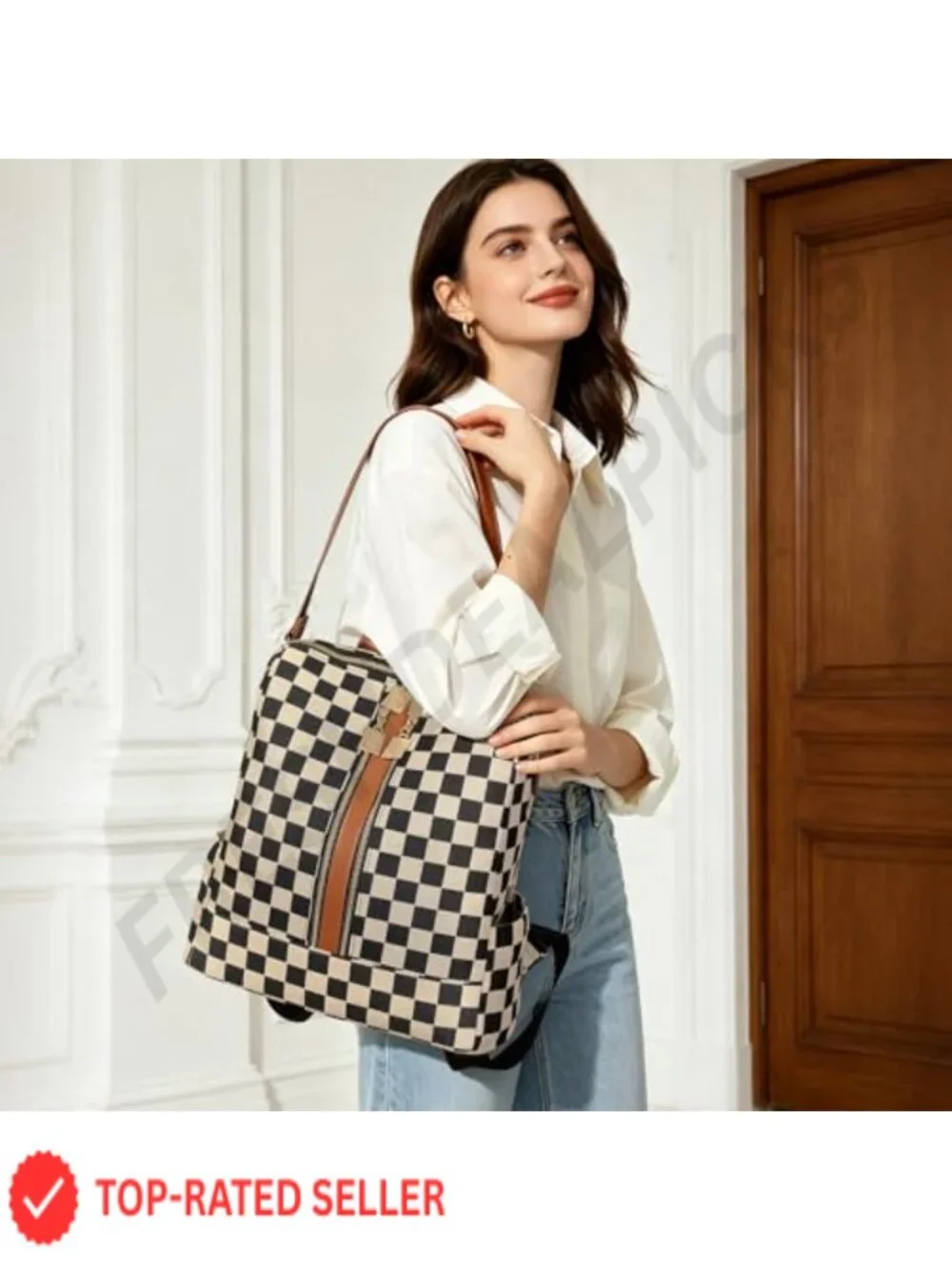 Canvas PU Leather Checkered Backpack Purse for Women, Fashion Travel Daypack